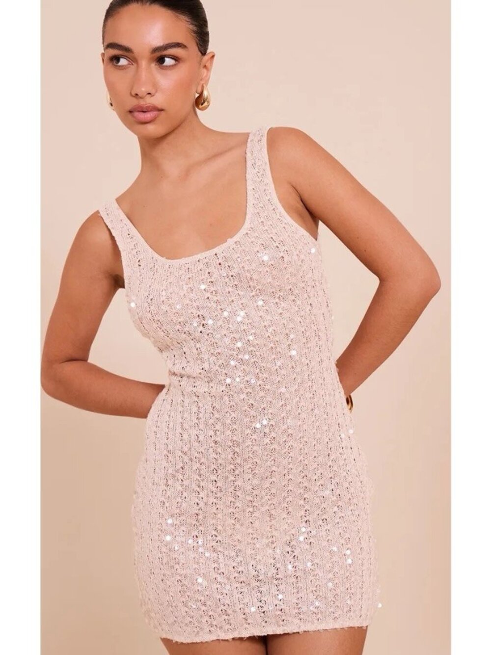 NWT PrettyLittleThing Natural Sequin Scoop Neck Mini Dress US 4 Party Embellish